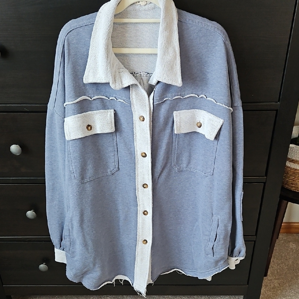 POL Mixed Media Shacket in Blue and Grey